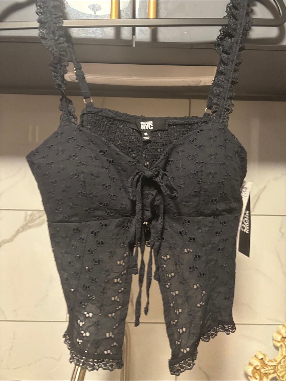 NYC Black Eyelet Tie-Front Camisole-NWT P2P:16